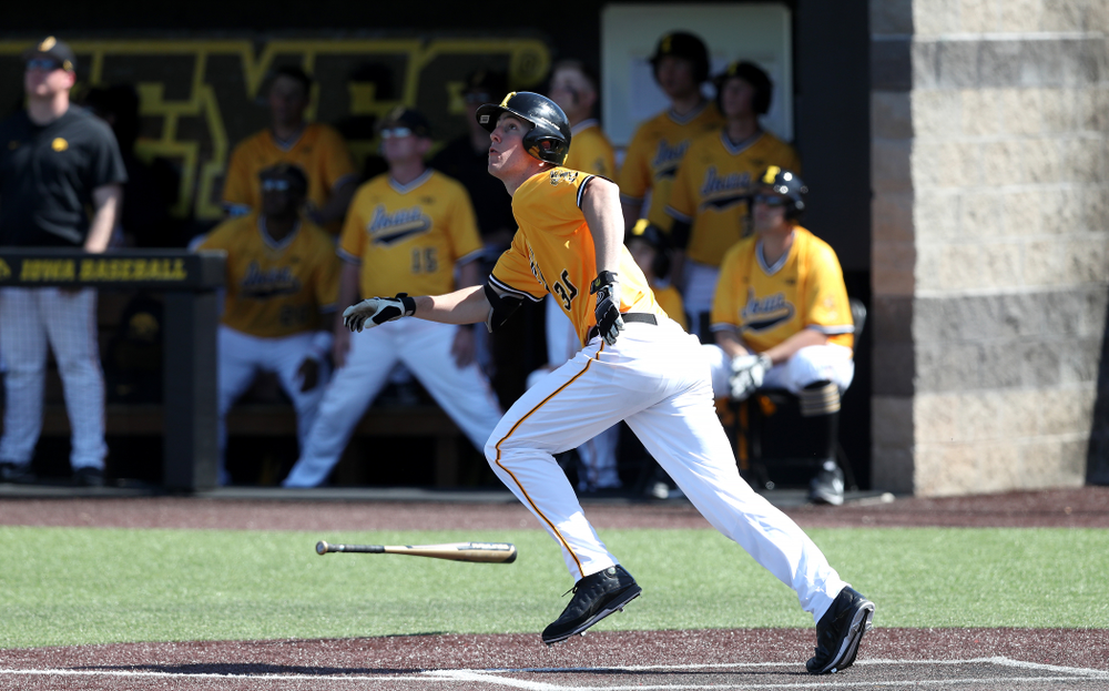 Iowa Hawkeyes Connor McCaffery (30) hits a home run against the Nebraska Cornhuskers Sunday, April 21, 2019 at Duane Banks Field. (Brian Ray/hawkeyesports.com)