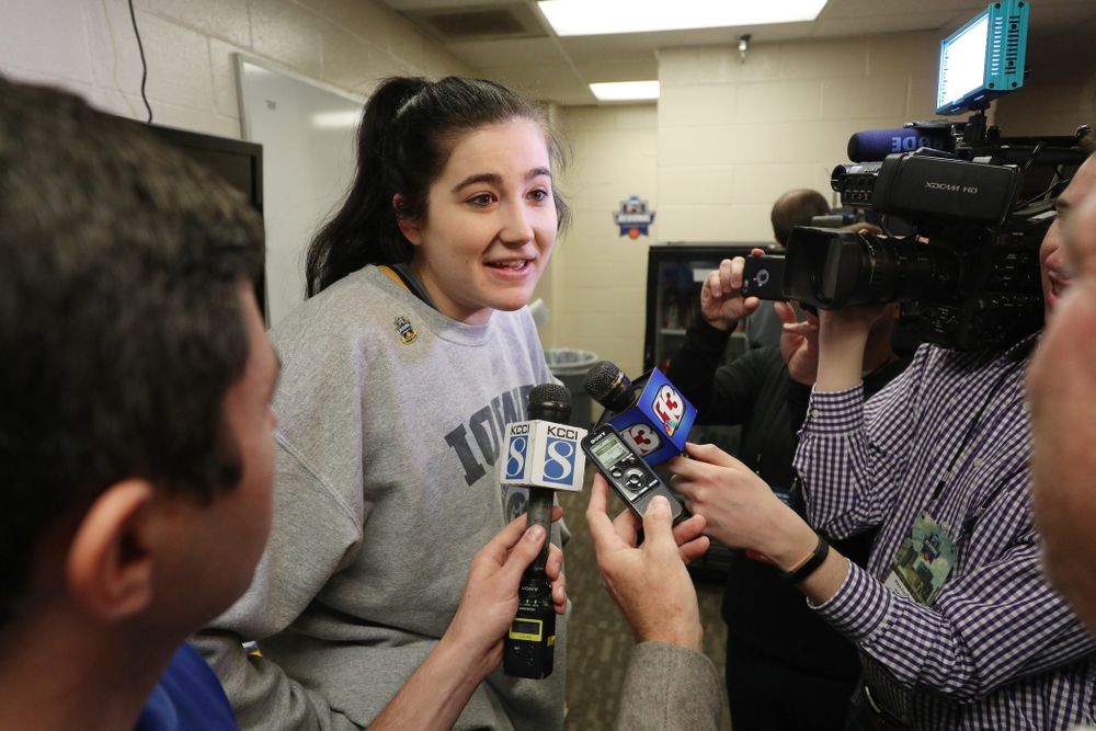 Iowa Hawkeyes forward Megan Gustafson (10) during media and practice as they prepare for their Sweet 16 matchup against NC State Friday, March 29, 2019 at the Greensboro Coliseum in Greensboro, NC.(Brian Ray/hawkeyesports.com)