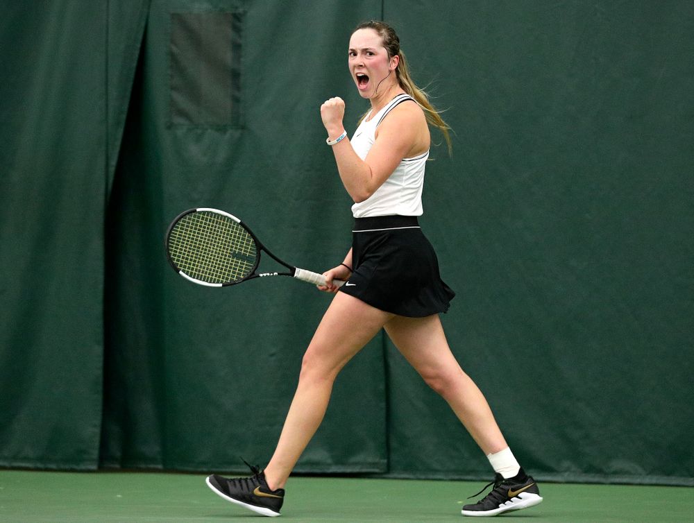 Iowa’s Samantha Mannix during her singles match at the Hawkeye Tennis and Recreation Complex in Iowa City on Sunday, February 16, 2020. (Stephen Mally/hawkeyesports.com)
