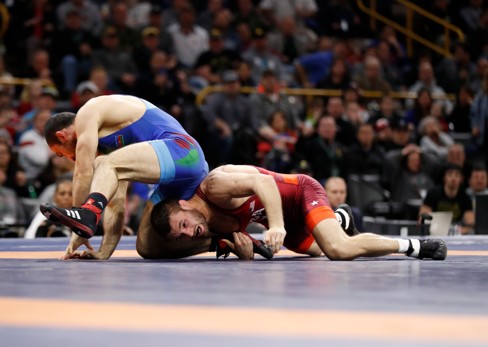 Thomas Gilman during the gold medal match of the United World Wrestling Freestyle World Cup against Azerbaijan Sunday, April 8, 2018 at Carver-Hawkeye Arena. (Brian Ray/hawkeyesports.com)