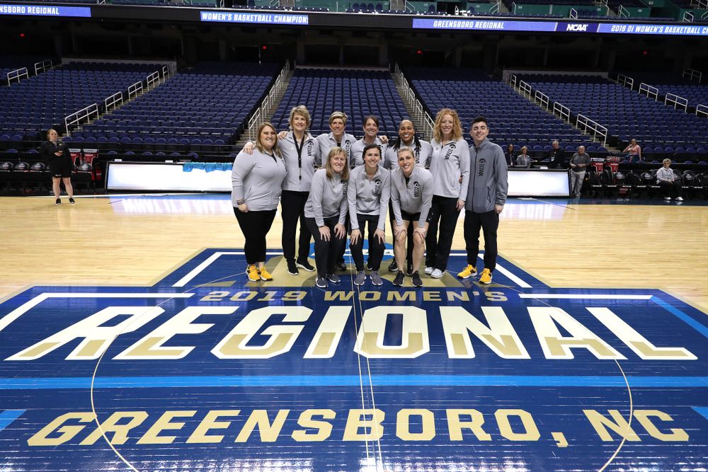 The Iowa Hawkeye coach staff during media and practice as they prepare for their Sweet 16 matchup against NC State Friday, March 29, 2019 at the Greensboro Coliseum in Greensboro, NC.(Brian Ray/hawkeyesports.com)