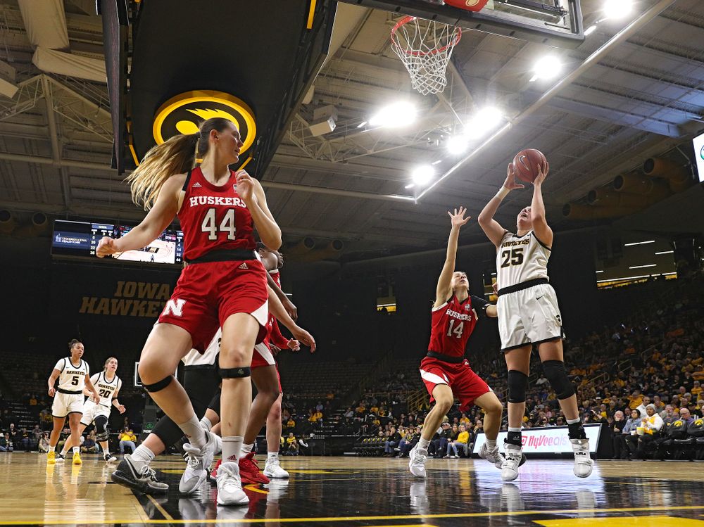 Iowa Hawkeyes forward Monika Czinano (25) makes a basket during the second quarter of the game at Carver-Hawkeye Arena in Iowa City on Thursday, February 6, 2020. (Stephen Mally/hawkeyesports.com)