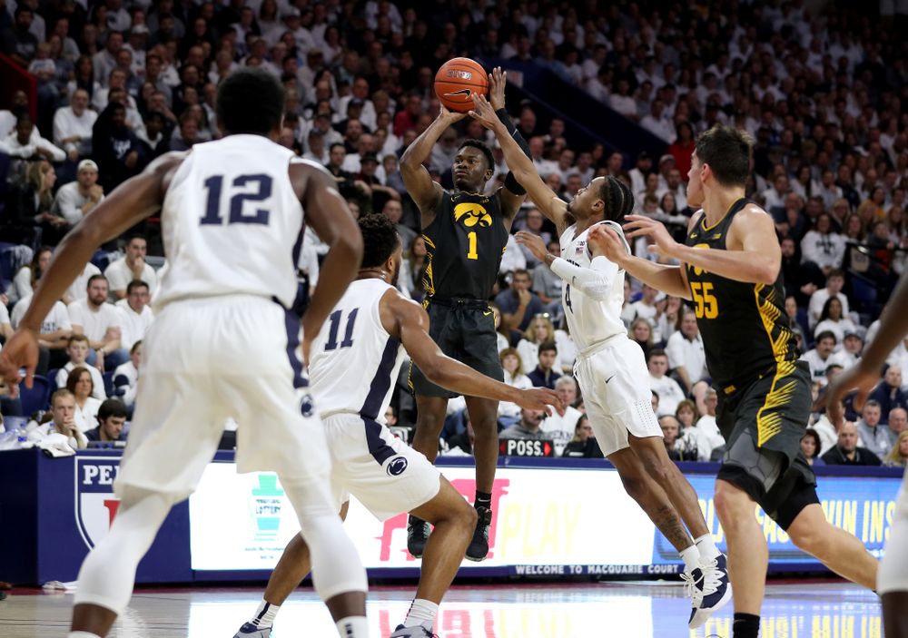 Iowa Hawkeyes guard Joe Toussaint (1) against Penn State Saturday, January 4, 2020 at the Palestra in Philadelphia. (Brian Ray/hawkeyesports.com)