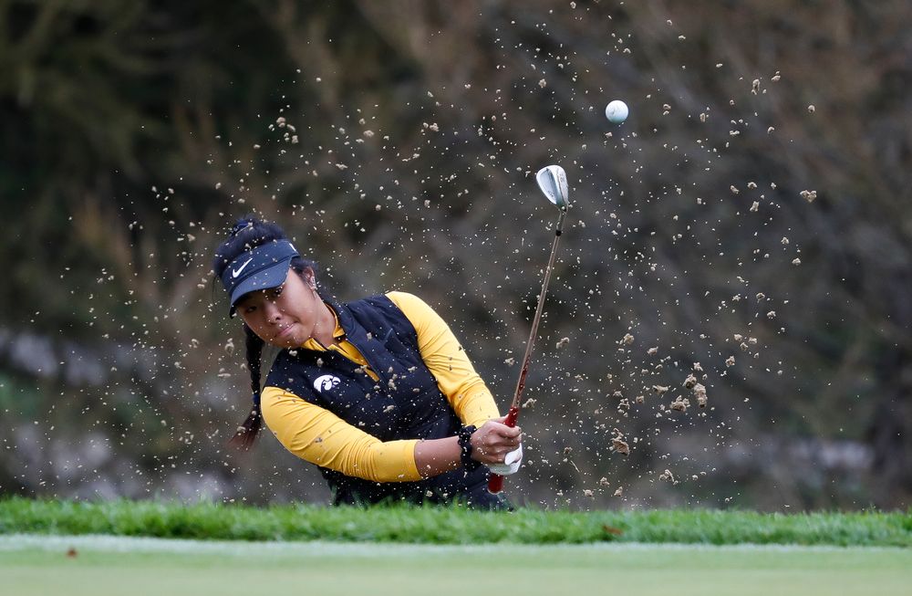 Iowa's Rachel Fujitani pitches out of a bunker during the Diane Thomason Invitational at Finkbine Golf Course on September 29, 2018. (Tork Mason/hawkeyesports.com)