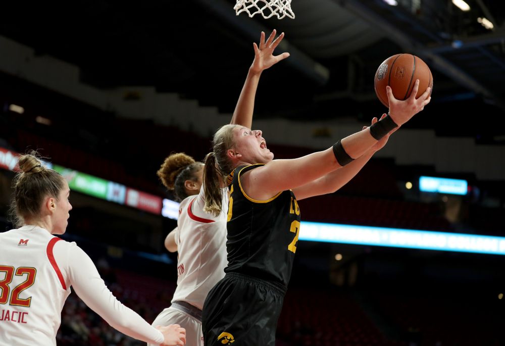 Iowa Hawkeyes forward/center Monika Czinano (25) against the Maryland Terrapins Thursday, February 13, 2020 at the Xfinity Center in College Park, MD. (Brian Ray/hawkeyesports.com)