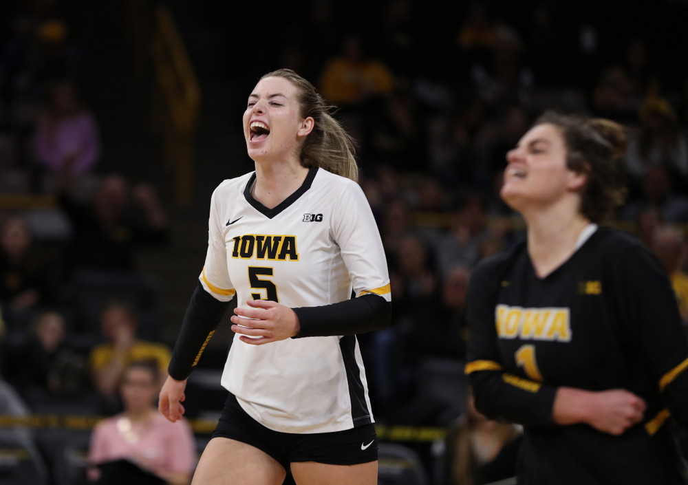 Iowa Hawkeyes outside hitter Meghan Buzzerio (5) against the Ohio State Buckeyes Saturday, November 24, 2018 at Carver-Hawkeye Arena. (Brian Ray/hawkeyesports.com)