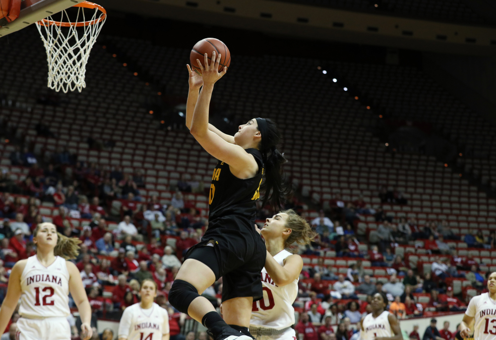 Iowa Hawkeyes forward Megan Gustafson (10) against the Indiana Hoosiers Thursday, February 21, 2019 at Simon Skjodt Assembly Hall. (Brian Ray/hawkeyesports.com)