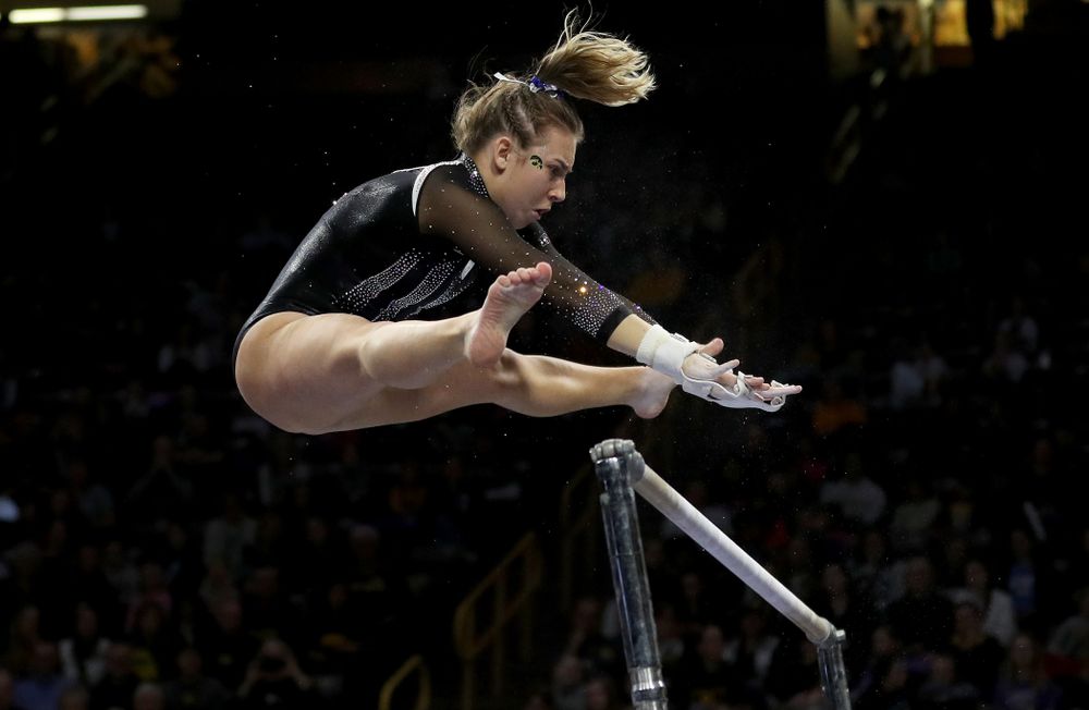 Iowa’s Alex Greenwald competes on the bars against Michigan State Saturday, February 1, 2020 at Carver-Hawkeye Arena. (Brian Ray/hawkeyesports.com)
