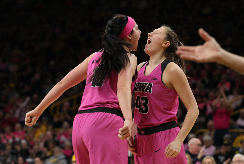 Iowa Hawkeyes forward Megan Gustafson (10) and forward Amanda Ollinger (43) against the seventh ranked Maryland Terrapins Sunday, February 17, 2019 at Carver-Hawkeye Arena. (Brian Ray/hawkeyesports.com)