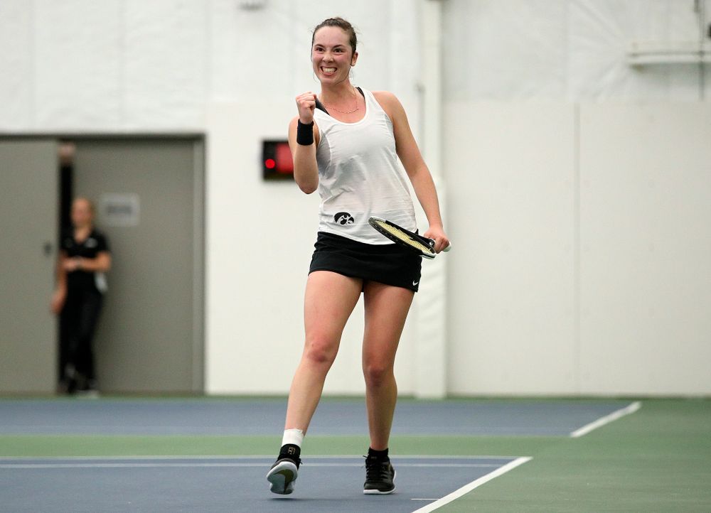 Iowa’s Samantha Mannix celebrates a point during her singles match at the Hawkeye Tennis and Recreation Complex in Iowa City on Sunday, February 23, 2020. (Stephen Mally/hawkeyesports.com)