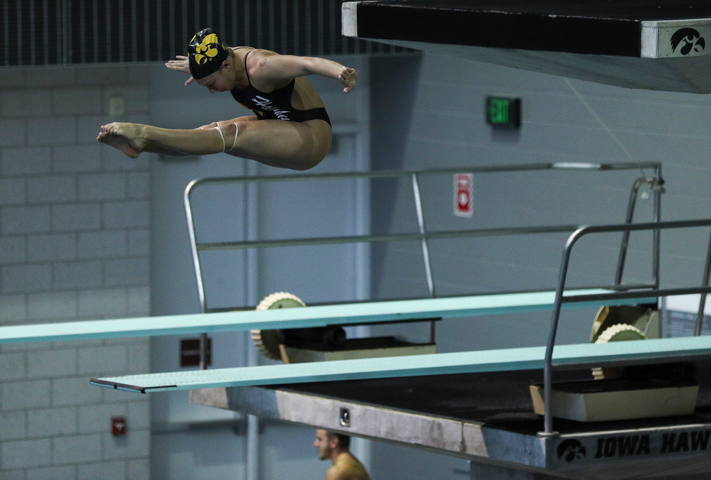 Iowa's Jolynn Harris competes in the platform diving competition during the third day of the Hawkeye Invitational at the Campus Recreation and Wellness Center on November 17, 2018. (Tork Mason/hawkeyesports.com)