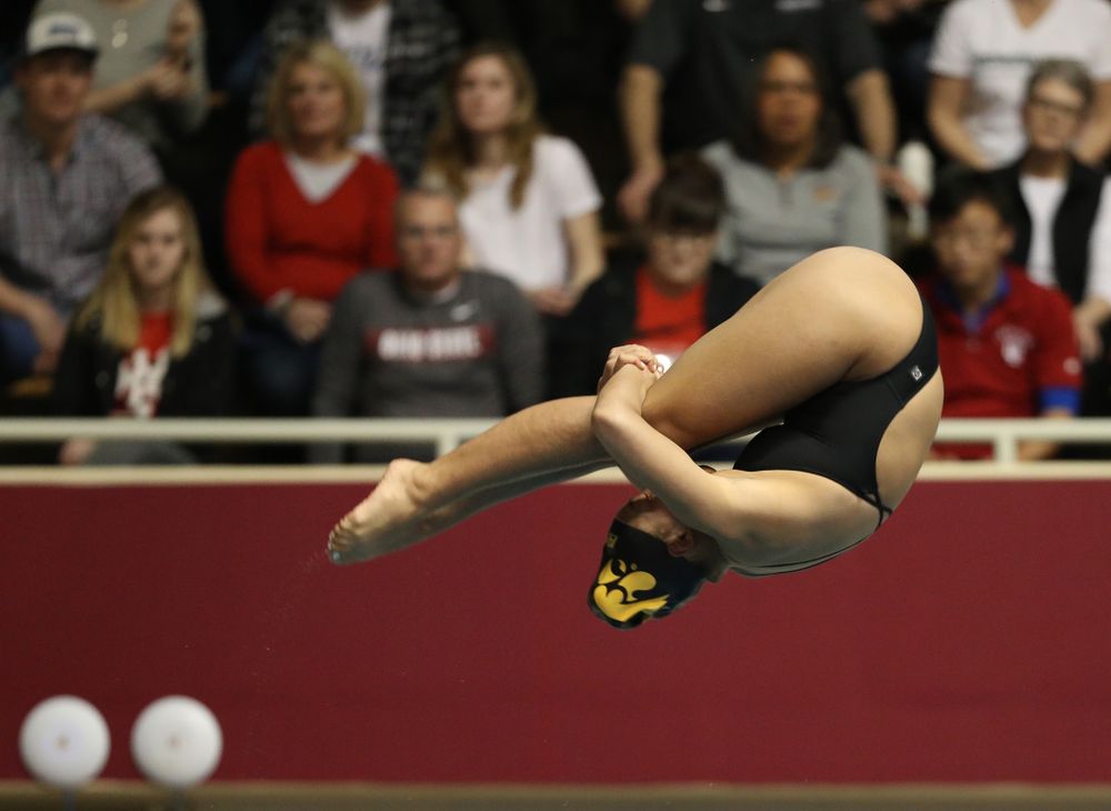 Iowa's Jolynn Harris competes on the 1-meter springboard during the 2019 Women's Big Ten Swimming and Diving meet Thursday, February 21, 2019 in Bloomington, Indiana. (Brian Ray/hawkeyesports.com)