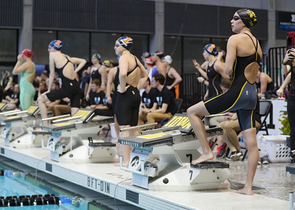 Iowa’s Meghan Hackett waits to swim in the women’s 100 yard freestyle preliminary event during the 2020 Women’s Big Ten Swimming and Diving Championships at the Campus Recreation and Wellness Center in Iowa City on Saturday, February 22, 2020. (Stephen Mally/hawkeyesports.com)