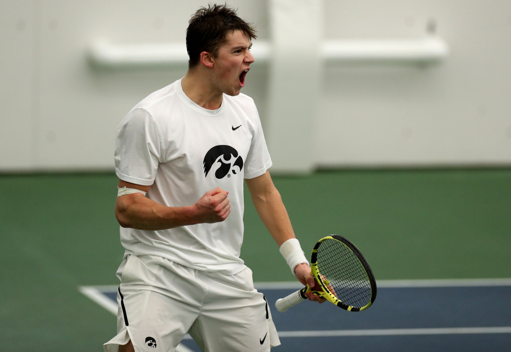 Iowa’s Joe Tyler against Cornell Sunday, March 8, 2020 at the Hawkeye Tennis and Recreation Center. (Brian Ray/hawkeyesports.com)