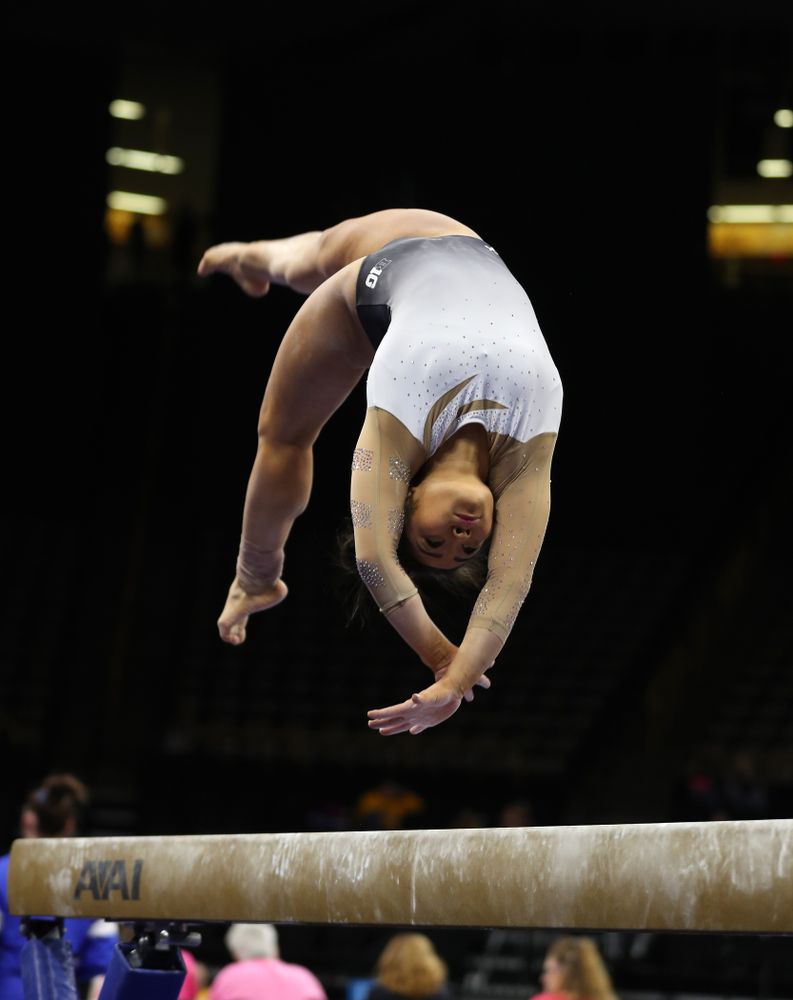 IowaÕs Clair Kaji competes on the beam against Ball State and Air Force Saturday, January 11, 2020 at Carver-Hawkeye Arena. (Brian Ray/hawkeyesports.com)