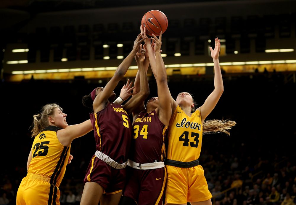 Iowa Hawkeyes forward Amanda Ollinger (43) against the Minnesota Golden Gophers Thursday, February 27, 2020 at Carver-Hawkeye Arena. (Brian Ray/hawkeyesports.com)