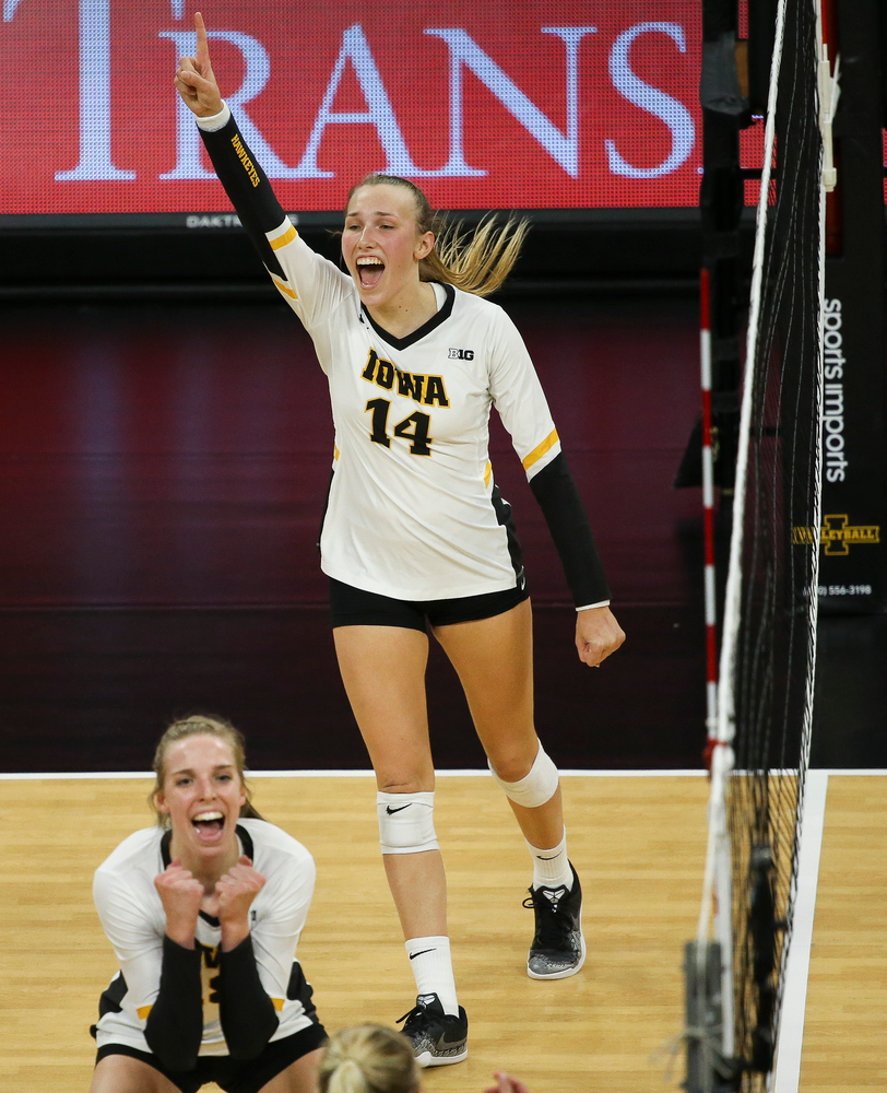Iowa Hawkeyes outside hitter Cali Hoye (14) reacts after winning a point during a game against Purdue at Carver-Hawkeye Arena on October 13, 2018. (Tork Mason/hawkeyesports.com)