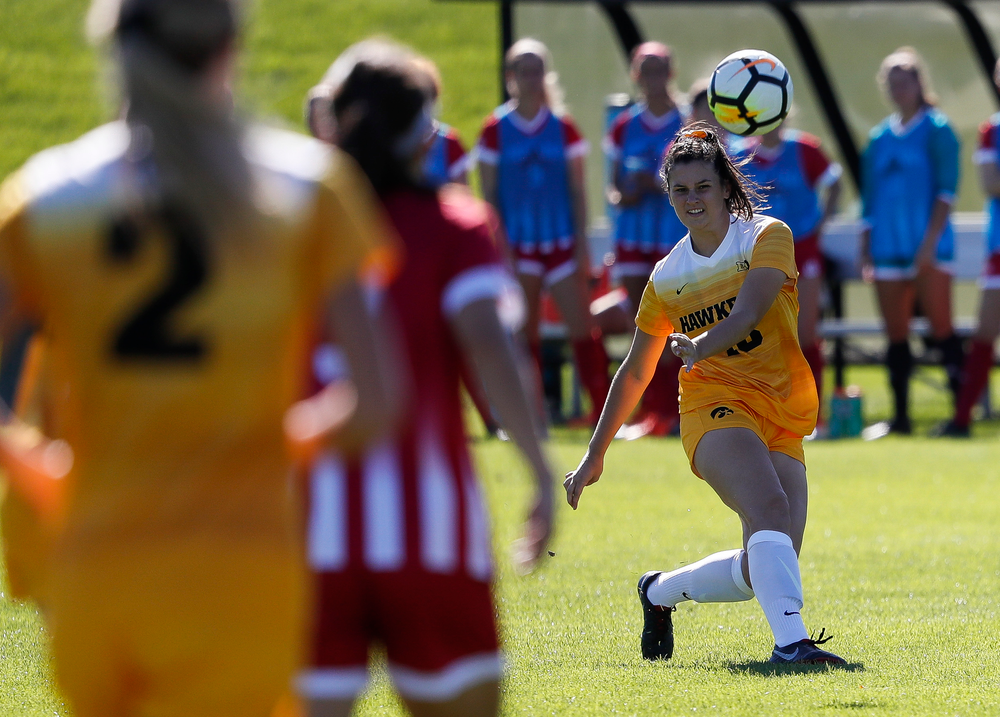 Iowa Hawkeyes defender Diane Senkowski (18) passes the ball during a game against Indiana at the Iowa Soccer Complex on September 23, 2018. (Tork Mason/hawkeyesports.com)