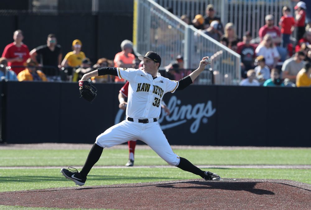 Iowa Hawkeyes Trenton Wallace (38) against the Nebraska Cornhuskers Saturday, April 20, 2019 at Duane Banks Field. (Brian Ray/hawkeyesports.com)