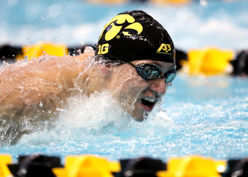 IowaÕs Michael Tenney competes in the 200 yard butterfly against Notre Dame and Illinois Saturday, January 11, 2020 at the Campus Recreation and Wellness Center. (Brian Ray/hawkeyesports.com)