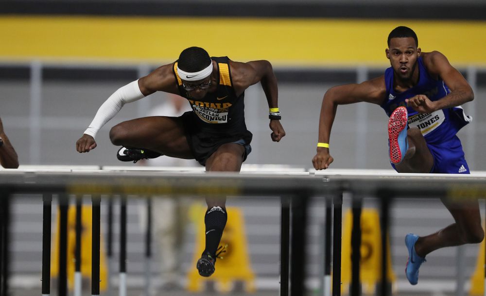 Iowa's Jaylan McConico competes in the 60-meter hurdles during the Black and Gold Premier meet Saturday, January 26, 2019 at the Recreation Building. (Brian Ray/hawkeyesports.com)