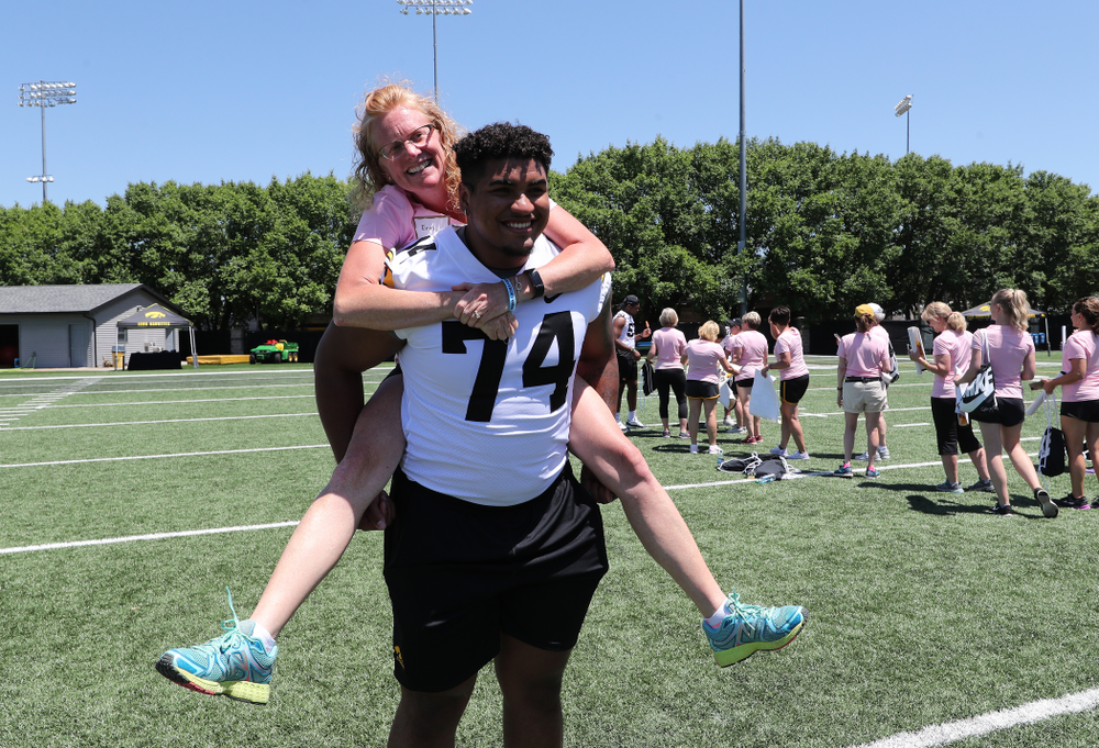 Iowa Hawkeyes offensive lineman Tristan Wirfs (74) during the 2019 Iowa Ladies Football Academy Saturday, June 8, 2019 at the Hansen Football Performance Center. (Brian Ray/hawkeyesports.com)