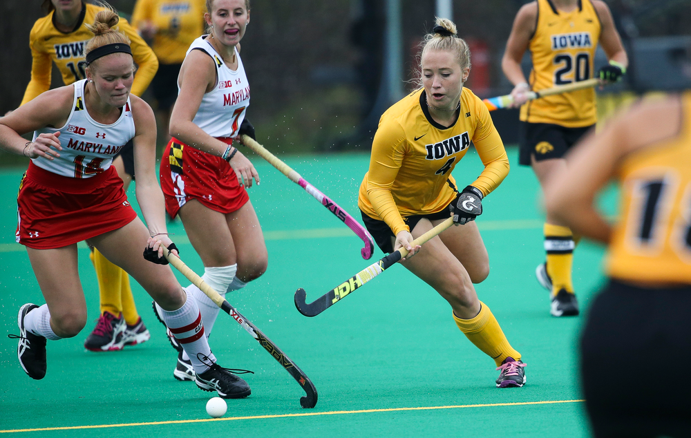 Iowa Hawkeyes midfielder Makenna Grewe (4) defends during a game against Maryland at Grant Field on October 14, 2018. (Tork Mason/hawkeyesports.com)