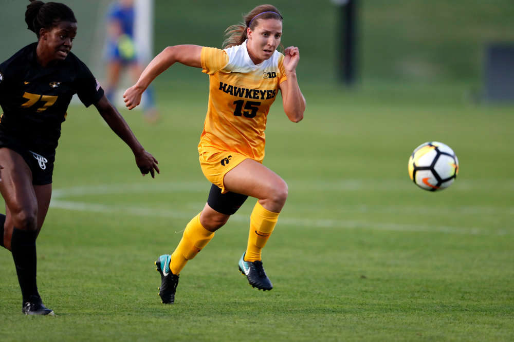 Iowa Hawkeyes Rose Ripslinger (15) against the Missouri Tigers Friday, August 17, 2018 at the Iowa Soccer Complex. (Brian Ray/hawkeyesports.com)