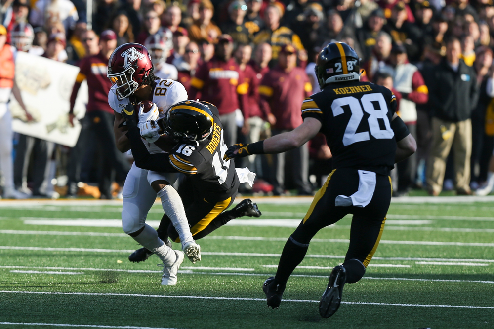 Iowa Hawkeyes defensive back Terry Roberts (16) and owa Hawkeyes defensive back Jack Koerner (28) during Iowa football vs Minnesota on Saturday, November 16, 2019 at Kinnick Stadium. (Lily Smith/hawkeyesports.com)