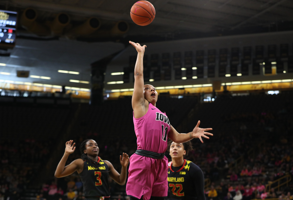 Iowa Hawkeyes guard Tania Davis (11) against the seventh ranked Maryland Terrapins Sunday, February 17, 2019 at Carver-Hawkeye Arena. (Brian Ray/hawkeyesports.com)