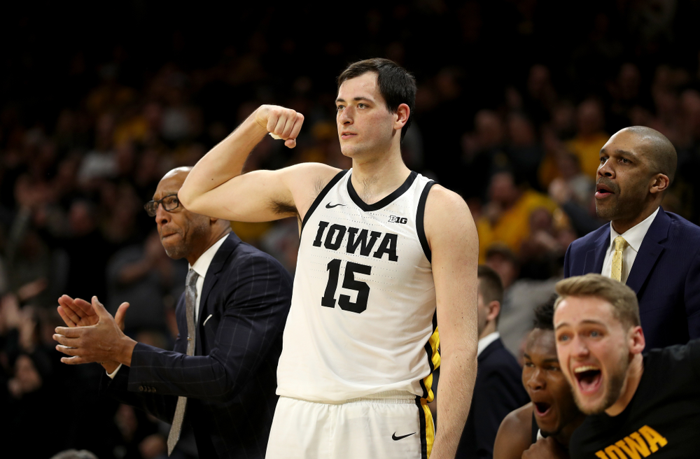 Iowa Hawkeyes forward Ryan Kriener (15) against the Ohio State Buckeyes Thursday, February 20, 2020 at Carver-Hawkeye Arena. (Brian Ray/hawkeyesports.com)