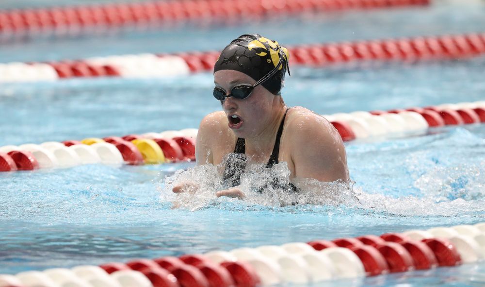 Iowa's Kelsey Drake swims the 200-yard IM during the 2019 Women's Big Ten Swimming and Diving meet Thursday, February 21, 2019 in Bloomington, Indiana. (Brian Ray/hawkeyesports.com)