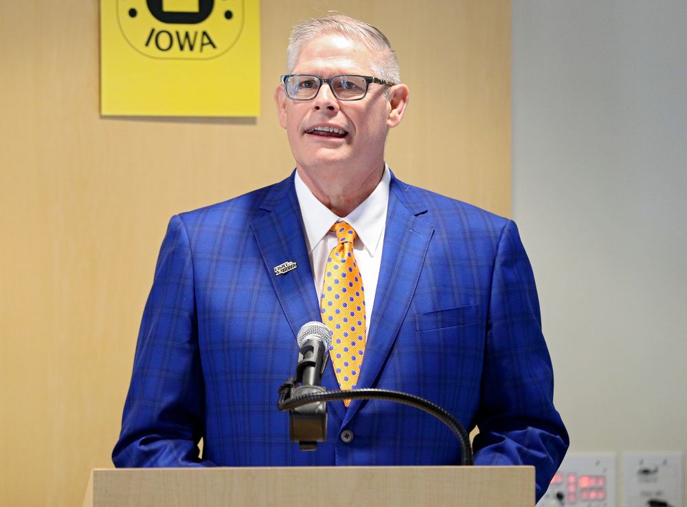 Lon Olejniczak, Iowa Varsity Club Co-Chair, speaks during the press conference to discuss FryFEST and announce the 2019 Iowa Athletics Hall of Fame members in the Varsity Club Room at the University of Iowa Athletics Hall of Fame in Iowa City on Tuesday, Jun 11, 2019. (Stephen Mally/hawkeyesports.com)