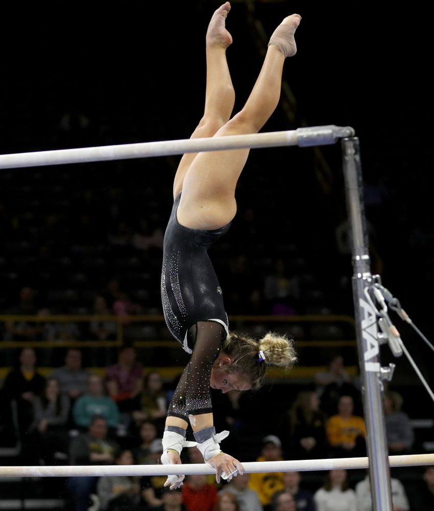 Iowa’s Maddie Kampschroeder competes on the bars against Michigan State Saturday, February 1, 2020 at Carver-Hawkeye Arena. (Brian Ray/hawkeyesports.com)