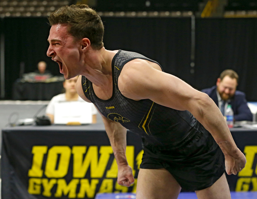 Iowa's Jake Brodarzon competes in the vault against Ohio State at Caver-Hawkeye Arena in Iowa City on Saturday, Mar. 16, 2019. (Stephen Mally for HawkeyeSports.com)