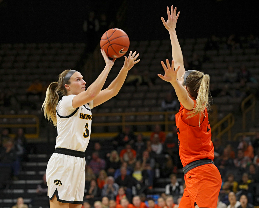 Iowa guard Makenzie Meyer (3) makes a basket during the fourth quarter of their overtime win against Princeton at Carver-Hawkeye Arena in Iowa City on Wednesday, Nov 20, 2019. (Stephen Mally/hawkeyesports.com)