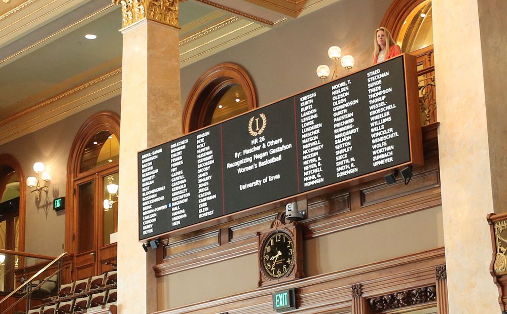 Iowa WomenÕs BasketballÕs Megan Gustafson is recognized with a resolution by the house and the senate at the Iowa State Capitol Wednesday, April 24, 2019 in Des Moines. (Brian Ray/hawkeyesports.com)