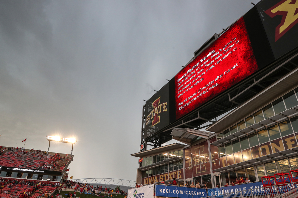 A weather delay stops the Iowa Hawkeyes game against the Iowa State Cyclones Saturday, September 14, 2019 at Jack Trice Stadium in Ames, Iowa. (Brian Ray/hawkeyesports.com)