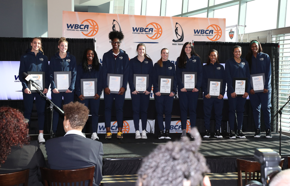 Iowa Hawkeyes forward Megan Gustafson (10) is announced as a WBCA All American Wednesday, April 4, 2018 at Amalie Arena in Tampa, FL. (Brian Ray/hawkeyesports.com)