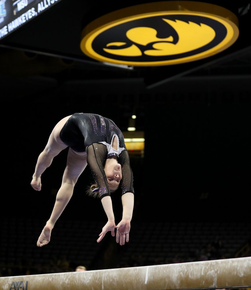 Iowa’s Allyson Steffensmeier competes on the beam against Michigan State Saturday, February 1, 2020 at Carver-Hawkeye Arena. (Brian Ray/hawkeyesports.com)