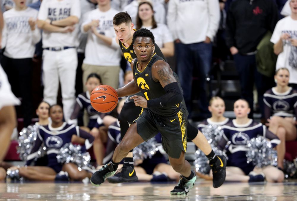 Iowa Hawkeyes guard Joe Toussaint (1) against Penn State Saturday, January 4, 2020 at the Palestra in Philadelphia. (Brian Ray/hawkeyesports.com)
