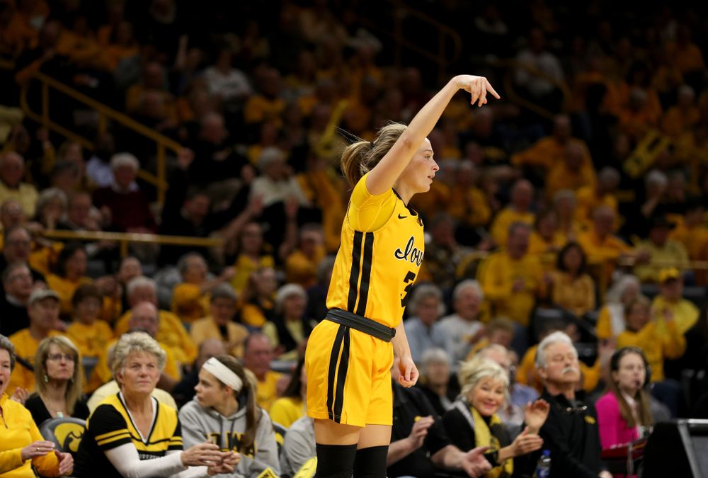 Iowa Hawkeyes guard Makenzie Meyer (3) knocks down a a three point basket against the Maryland Terrapins Thursday, January 9, 2020 at Carver-Hawkeye Arena. (Brian Ray/hawkeyesports.com)