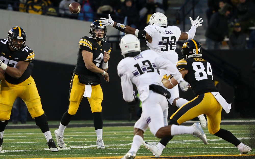 Iowa Hawkeyes quarterback Nate Stanley (4) passes the ball during a game against Northwestern at Kinnick Stadium on November 10, 2018. (Tork Mason/hawkeyesports.com)