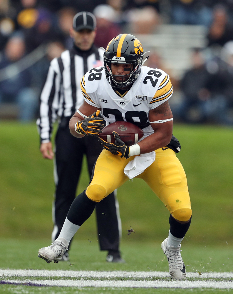 Iowa Hawkeyes running back Toren Young (28) against the Northwestern Wildcats Saturday, October 26, 2019 at Ryan Field in Evanston, Ill. (Brian Ray/hawkeyesports.com)