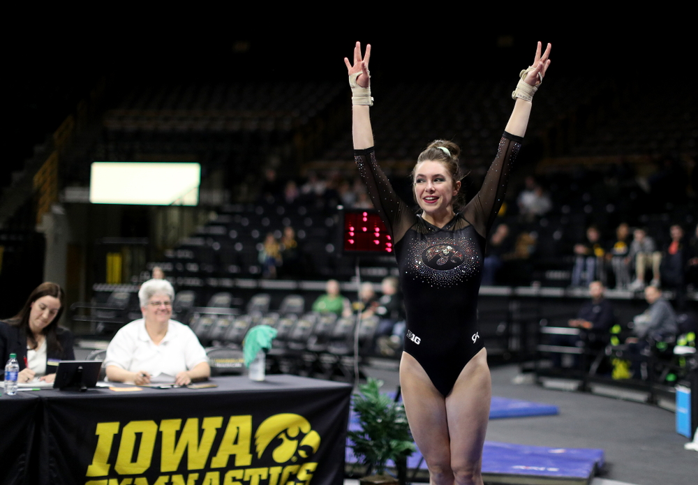 Iowa’s Bridget Killian competes on the vault against Michigan Friday, February 14, 2020 at Carver-Hawkeye Arena. (Brian Ray/hawkeyesports.com)