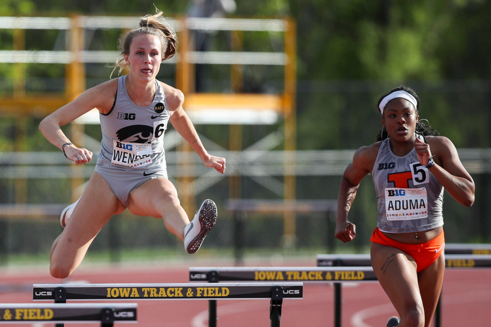 Iowa's Payton Wensel hurdles during the women's 400-meter hurdles at the Big Ten Outdoor Track and Field Championships at Francis X. Cretzmeyer Track on Friday, May 10, 2019. (Lily Smith/hawkeyesports.com)