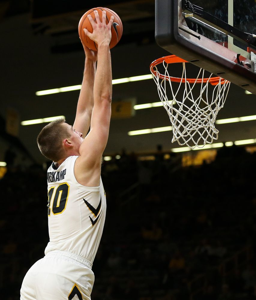 Iowa Hawkeyes guard Joe Wieskamp (10) dunks the ball during a game against Guilford College at Carver-Hawkeye Arena on November 4, 2018. (Tork Mason/hawkeyesports.com)