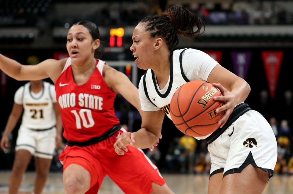 Iowa Hawkeyes guard Alexis Sevillian (5) against Ohio State in the quarterfinals of the Big Ten Basketball Tournament Friday, March 6, 2020 at Bankers Life Fieldhouse in Indianapolis. (Brian Ray/hawkeyesports.com)