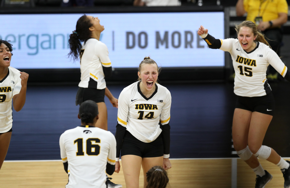 Iowa Hawkeyes outside hitter Cali Hoye (14) against the Northwestern Wildcats Wednesday, October 24, 2018 at Carver-Hawkeye Arena. (Brian Ray/hawkeyesports.com)