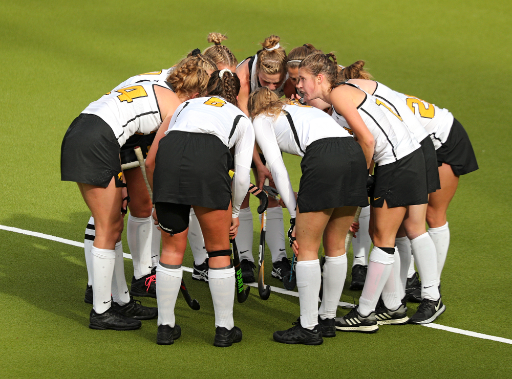 The Hawkeyes huddle before a penalty corner during the third quarter of their NCAA Tournament Second Round match against North Carolina at Karen Shelton Stadium in Chapel Hill, N.C. on Sunday, Nov 17, 2019. (Stephen Mally/hawkeyesports.com)